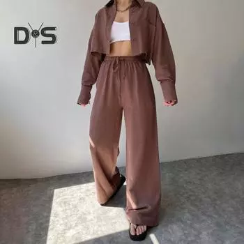 2 шт./компл. женская куртка брючный костюм с отложным воротником с длинным рукавом свободные короткие однобортные кардиганные пальто с эластичной резинкой на талии и высокой талией с широкой талией L светло-зеленый