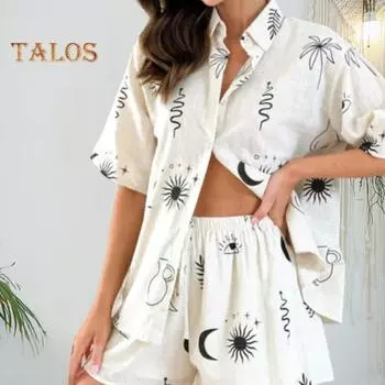 2 шт./компл., женская летняя рубашка, шорты, костюм, однобортный с принтом и лацканами, свободные, мягкие, с короткими рукавами, с эластичной резинкой на талии, тонкая повседневная домашняя одежда для отдыха, пляжа L