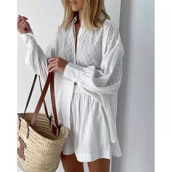 2 шт./компл. женская модная блузка с длинными рукавами, повседневные шорты, комплекты рубашек, повседневные пляжные комплекты больших размеров XL белый