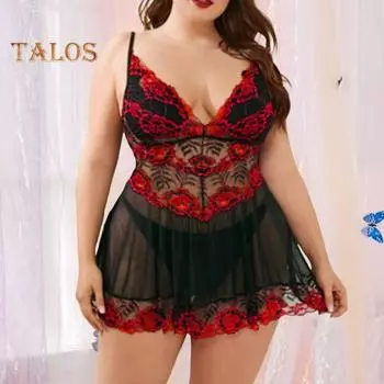 2 шт./компл., женская ночная рубашка, трусики, комплект с низким вырезом, V-образным вырезом, прозрачная сетка, цветочная вышивка, плиссированные, без рукавов, с открытой спиной, одежда для сна для медового месяца, ночное платье L красный