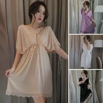 2 шт./компл., женская ночная рубашка, трусики, комплект с V-образным вырезом, без рукавов, с открытой промежностью, с открытой спиной, прозрачное кружевное лоскутное однотонное женское нижнее белье с высокой талией абрикосовый