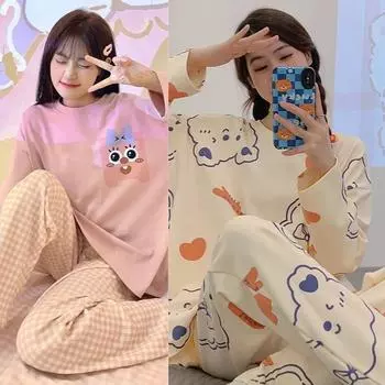 2 шт./компл. женская одежда пижамы весна круглый вырез длинный рукав повседневный милый удобный молодая девушка мода цветочный домашний костюм free40-70kg фиолетовый