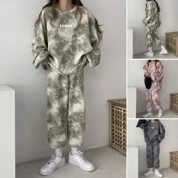 2 шт./компл., женская осенне-зимняя повседневная спортивная одежда с принтом тай-дай, пуловер с круглым вырезом и длинными рукавами, топы, свободный крой, комплект длинных брюк XL серый