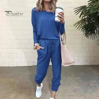 2 шт./компл., женская осенняя футболка и брюки, комплект домашней одежды, однотонный топ с круглым вырезом и длинными рукавами, свободные брюки с эластичной резинкой на талии, спортивная одежда M синий