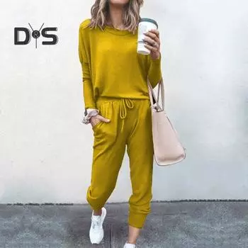 2 шт./компл., женская осенняя футболка и брюки, комплект домашней одежды, однотонный топ с круглым вырезом и длинными рукавами, свободные брюки с эластичной резинкой на талии, спортивная одежда M синий