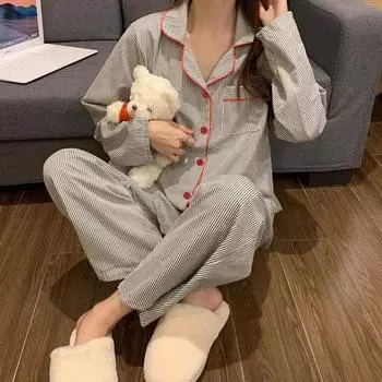2 шт./компл. Женская пижама с длинным рукавом, свободная, дышащая, студенческая, для сна, домашняя одежда, кардиган, серая в полоску, модная пижама для девушки, домашняя одежда M серый