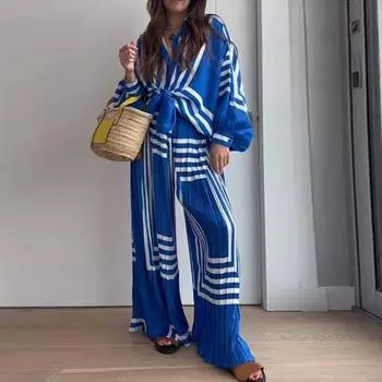 2 шт./компл., женская плиссированная повседневная одежда с полосатым принтом и фонариком, рубашка на шнуровке с длинными рукавами, комплект с высокой талией, широкие брюки S синий