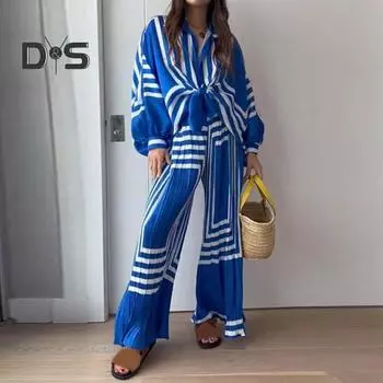 2 шт./компл. женская плиссированная повседневная одежда в полоску с принтом и фонариком, рубашка на шнуровке с длинными рукавами, комплект с высокой талией, широкие брюки M синий