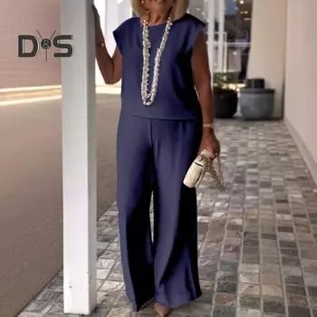 2 шт./компл. Женская повседневная футболка и брюки, однотонный весенне-летний топ без рукавов с круглым вырезом, свободный крой, широкие брюки, длинные брюки, женская одежда M вино красного