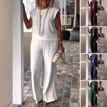 2 шт./компл. Женская повседневная футболка и брюки, однотонный весенне-летний топ без рукавов с круглым вырезом, свободный крой, широкие брюки, длинные брюки, женская одежда M