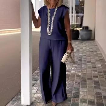 2 шт./компл. Женская повседневная футболка и брюки, однотонный весенне-летний топ без рукавов с круглым вырезом, свободный крой, широкие брюки, длинные брюки, женская одежда M