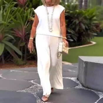 2 шт./компл. Женская повседневная футболка и брюки, однотонный весенне-летний топ без рукавов с круглым вырезом, свободный крой, широкие брюки, длинные брюки, женская одежда M