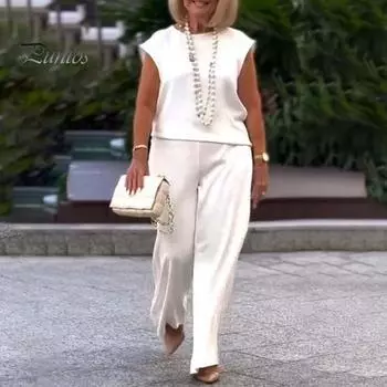 2 шт./компл. Женская повседневная футболка и брюки, однотонный весенне-летний топ без рукавов с круглым вырезом, свободный крой, широкие брюки, длинные брюки, женская одежда M темно-синий