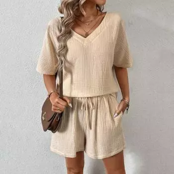 2 шт./компл., женская повседневная одежда, футболка с v-образным вырезом и короткими рукавами, эластичная резинка на талии и широкие шорты, комплект, цветная тканевая одежда с морщинами S абрикосовый