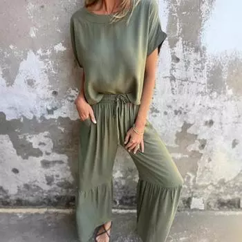 2 шт./компл. Женская повседневная одежда с круглым вырезом и коротким рукавом, топы с эластичной талией S чёрный