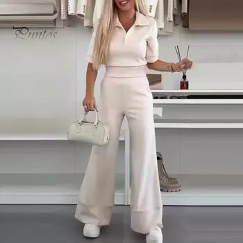 2 шт./компл. Женская повседневная рубашка и брюки, однотонный весенне-летний отложной воротник, короткий рукав, высокая талия, широкие брюки, длинные брюки M бежевый