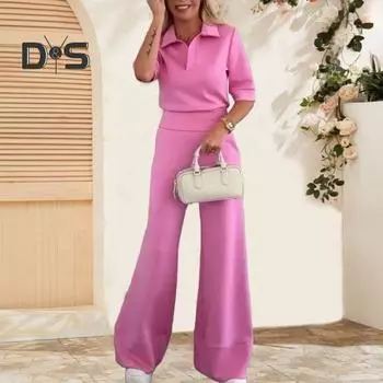 2 шт./компл. Женская повседневная рубашка и брюки, однотонный весенне-летний отложной воротник, короткий рукав, высокая талия, широкие брюки, длинные брюки M бежевый