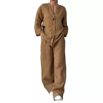 2 шт./компл., женская рубашка больших размеров, комплект брюк, однотонная блузка с длинными рукавами и v-образным вырезом, свободные широкие брюки на талии M хаки