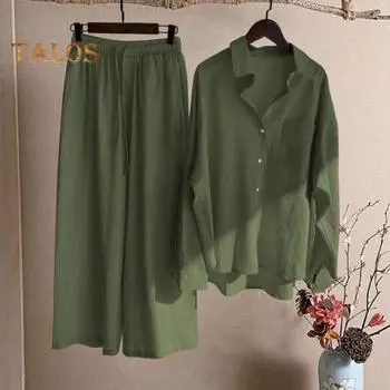 2 шт./компл., женская рубашка больших размеров, комплект брюк, сплошной цвет, блузка с воротником с лацканами и длинными рукавами, высокая талия, свободные широкие брюки, комплект, повседневная одежда для поездок на работу M жёлтый