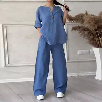 2 шт./компл., женская рубашка больших размеров, комплект брюк, однотонная блузка с длинными рукавами и V-образным вырезом, высокая талия, свободные широкие брюки, комплект, повседневная одежда для поездок на работу M розовый