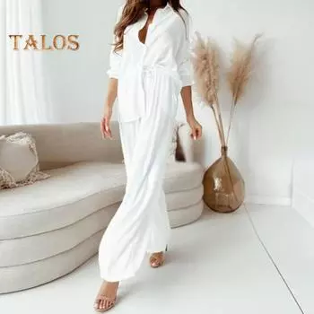 2 шт./компл., женская рубашка, брюки, комплект с отложным воротником и длинными рукавами, свободный шнурок, эластичная талия, сплошной цвет, дышащая, мягкая, с широкими штанинами, повседневная домашняя одежда L абрикосовый