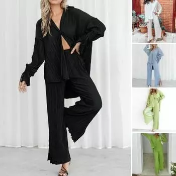 2 шт./компл., женская рубашка, брюки, комплект, плиссированная однобортная блузка с длинными рукавами и лацканами, высокая талия, широкая S светло-зеленый