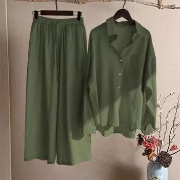 2 шт./компл., женская рубашка, брюки, комплект с рукавами и лацканами, сплошной цвет, длинный воротник большого размера, блузка с высоким воротником M зелёный
