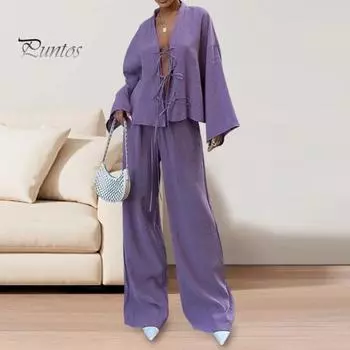 2 шт./компл., женская рубашка, брюки, комплект, кардиган на шнуровке, блузка с длинными рукавами, широкие брюки, полная длина, домашняя одежда, повседневный наряд, пижамный костюм L розы красного