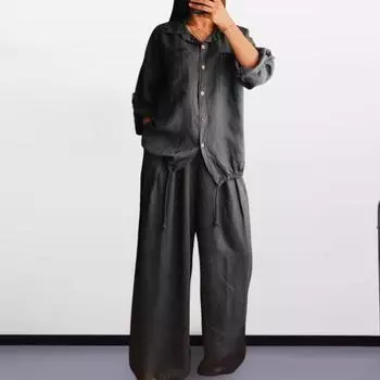 2 шт./компл., женская рубашка, брюки, комплект с рукавами, лацканами, однобортный воротник, карманы, длинная блузка с завязками на подоле, свободная широкая блузка с высокой талией XXXL армия зеленый