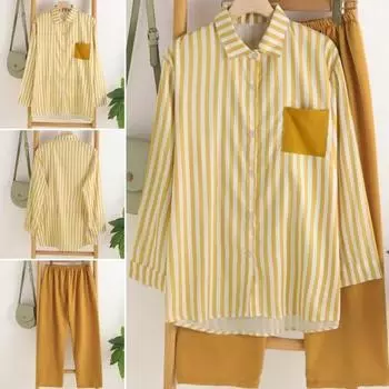 2 шт./компл., женская рубашка, брюки, комплект, полосатый принт, длинные рукава, воротник с лацканами, блузка с высокой эластичной талией, плиссированные брюки полной длины, комплект, повседневная одежда для поездок на работу XL красный