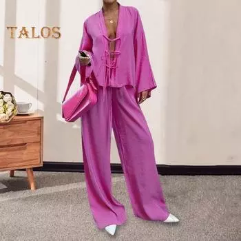 2 шт./компл., женская рубашка, брюки, комплект, кардиган на шнуровке, блузка с длинными рукавами, широкие брюки, полная длина, домашняя одежда, повседневный наряд, пижамный костюм L розы красного