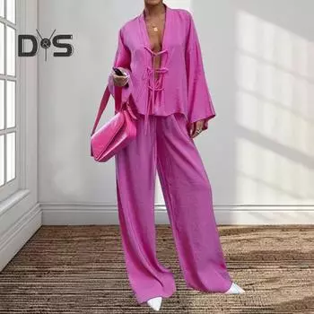 2 шт./компл., женская рубашка, брюки, комплект, кардиган на шнуровке, блузка с длинными рукавами, широкие брюки, полная длина, домашняя одежда, повседневный наряд, пижамный костюм L розы красного