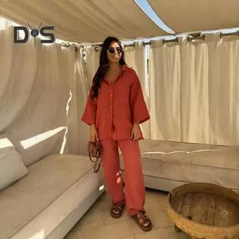 2 шт./компл., женская рубашка, брюки, комплект с лацканами, V-образным вырезом, сплошной цвет, рукав три четверти, однобортный топ с нагрудным карманом, широкие брюки с эластичной резинкой на талии, свободные брюки S темно-оранжевого
