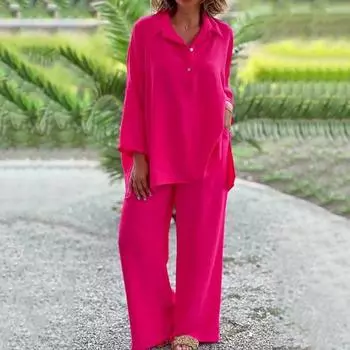 2 шт./компл., женская рубашка, брюки, костюм, свободная однотонная блузка с отложным воротником и длинным рукавом