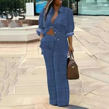 2 шт./компл., женская рубашка, брюки, костюм с отложным воротником и длинными рукавами, повседневный свободный топ с принтом, эластичный шнурок, комплект широких брюк XL синий