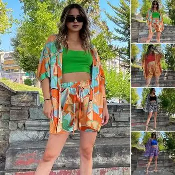 2 шт./компл. женская рубашка для отпуска и шорты, комплект с цветным принтом, блузка с короткими рукавами и высокой талией, свободная 2XL