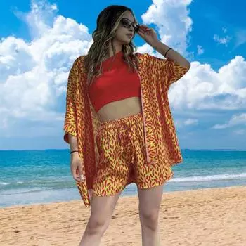 2 шт./компл. женская рубашка для отпуска и шорты, комплект с цветным принтом, блузка с короткими рукавами и высокой талией 2XL