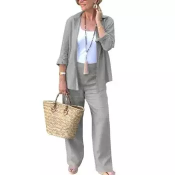2 шт./компл., женская рубашка и брюки, комплект со свободными лацканами, однобортная блузка средней длины с длинными рукавами, высокая эластичная талия, широкие брюки, повседневная одежда XL серебряный серый