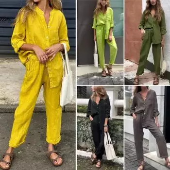 2 шт./компл. Женская рубашка и брюки, комплект домашней одежды, однотонный топ с v-образным вырезом и длинным рукавом, широкий 2XL жёлтый