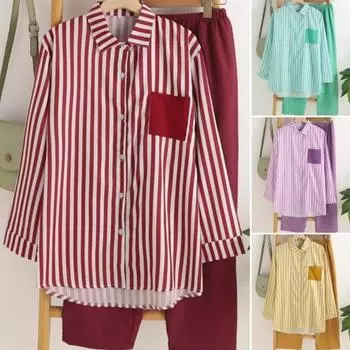 2 шт./компл., женская рубашка и брюки, комплект в полоску с принтом и длинными рукавами, воротник с лацканами, блузка с высокой эластичной плиссировкой, комплект брюк полной длины XL красный