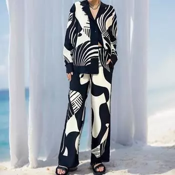 2 шт./компл., женская рубашка и брюки, комплект контрастного цвета с отложным воротником, топ с длинными рукавами, широкие брюки, эластичная резинка на талии, свободный M чёрный