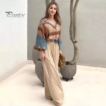 2 шт./компл., женская рубашка и брюки, комплект с V-образным вырезом, блузка с длинными рукавами и цифровым принтом, высокая талия, плиссированные широкие карманы, широкие женские брюки, повседневная повседневная одежда L хаки