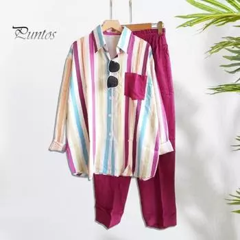2 шт./компл., женская рубашка и брюки, комплект соответствия цветов, полосатый нагрудный карман с принтом, однобортная блузка с длинными рукавами и лацканами, свободные брюки с эластичной резинкой на талии M зелёный