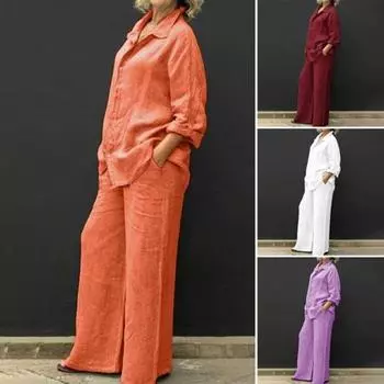 2 шт./компл. Женская рубашка и брюки, комплект со свободными лацканами, однобортная блузка средней длины с длинными рукавами, эластичная талия, широкие брюки, повседневная одежда M фиолетовый