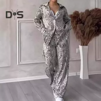 2 шт./компл. женская рубашка и брюки комплект домашней одежды наряд с отложным воротником с принтом топ с длинными рукавами широкие брюки с эластичной резинкой на талии свободные брюки повседневная одежда блузка L серый