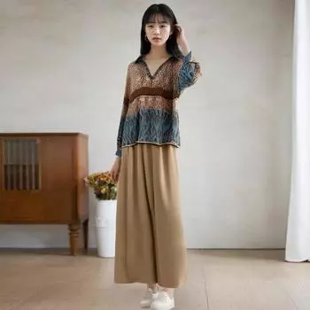 2 шт./компл. Женская рубашка и брюки, комплект с V-образным вырезом, блузка с длинными рукавами и цифровым принтом, высокая талия, плиссированная широкая L хаки