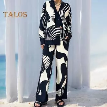 2 шт./компл., женская рубашка и брюки, комплект контрастного цвета с отложным воротником, топ с длинными рукавами, широкие брюки с эластичной резинкой на талии, свободные брюки, одежда на работу, блузка, комплект брюк M чёрный