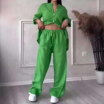 2 шт./компл., женская рубашка и брюки, комплект домашней одежды, однотонный топ с воротником-стойкой и длинными рукавами, широкие брюки с эластичной резинкой на талии, свободные брюки, одежда для путешествий L светло-фиолетовый