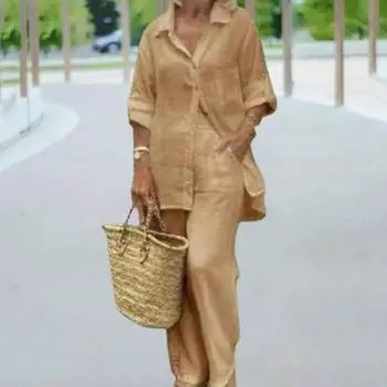 2 шт./компл. Женская рубашка и брюки, комплект, однотонный топ с отложным воротником и длинными рукавами, широкие брюки с эластичной резинкой на талии, свободные брюки, одежда на работу, блузка, комплект брюк M серый