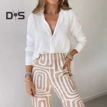 2 шт./компл., женская рубашка и брюки, комплект с длинными рукавами и воротником с лацканами, однобортная блузка с высокой талией, свободные брюки полной длины с принтом, комплект, повседневная одежда для поездок на работу XL хаки